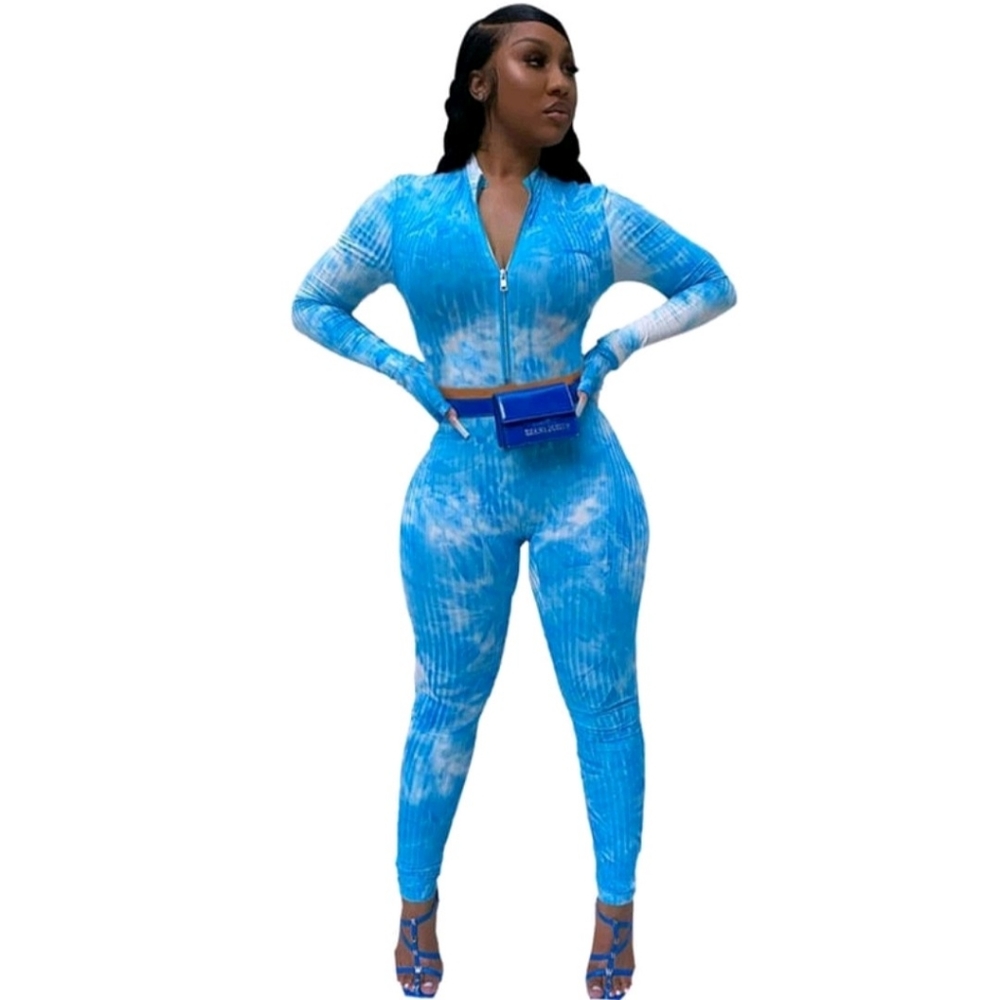 2 colors-Zippered Tie Dye Crop Top Two-piece set